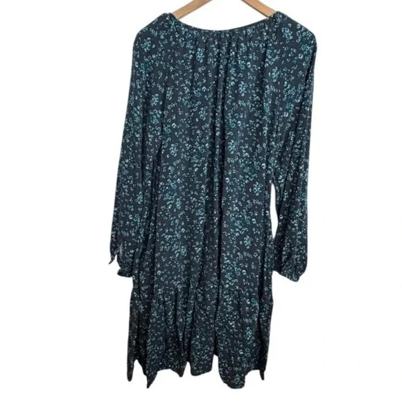 Downeast Floral Mini Dress Black Blue Tie Neck XL Cottagecore Modest Casual - Picture 3 of 7
